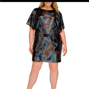 Vince Camuto NWT: Multi-Color Printed Disco Dotted Sequin Boat Neck Dress